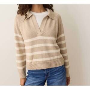 NEW MARINE LAYER berkeley sweater polo in oatmeal stripe